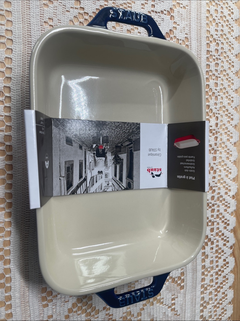 Staub Cream Rectangular Ceramic Baker with Navy Handles